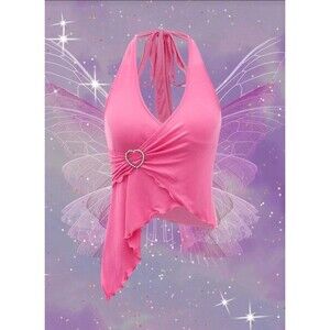 SHEIN Hot Pink Asymmetrical Top Rhinestone Heart Y2K Tie Halter Tank Sz Medium